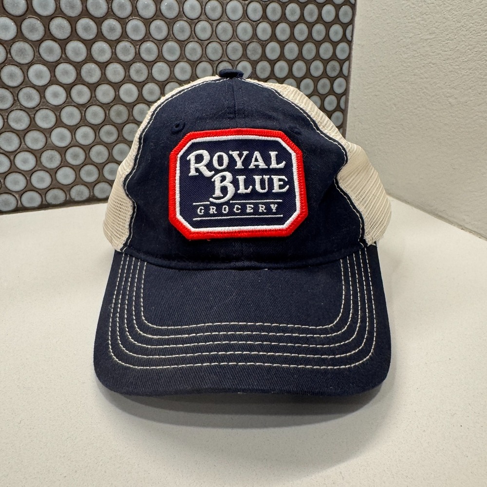 Royal Blue Grocery Hat Cap Strap Back Mesh Back Blue Red Logo Employee Adult